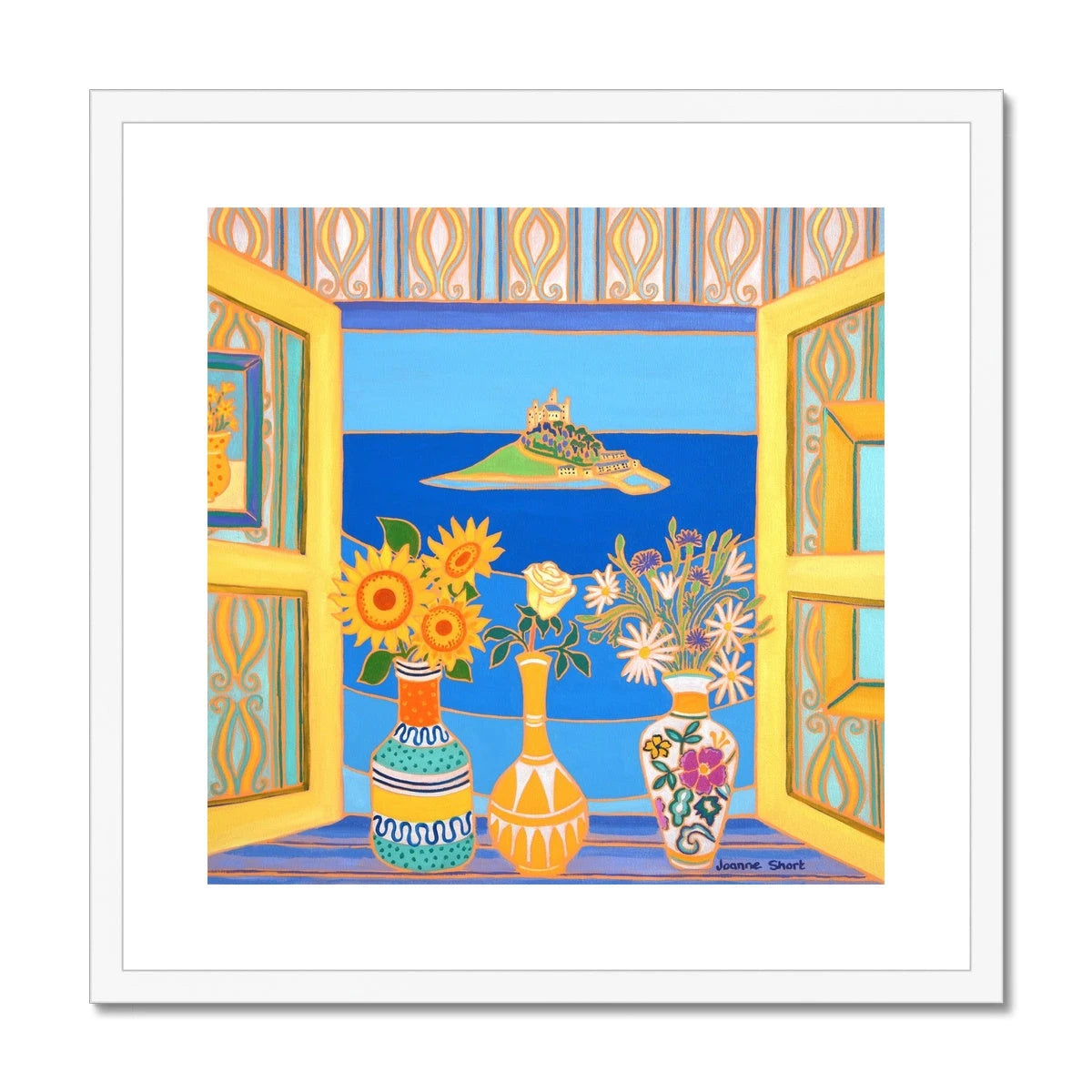 Joanne Short Framed Open Edition Still Life Coastal Cornish Fine Art Print. 'Summer Blooms, St Michael's Mount'. Cornwall Art Gallery Joanne Short