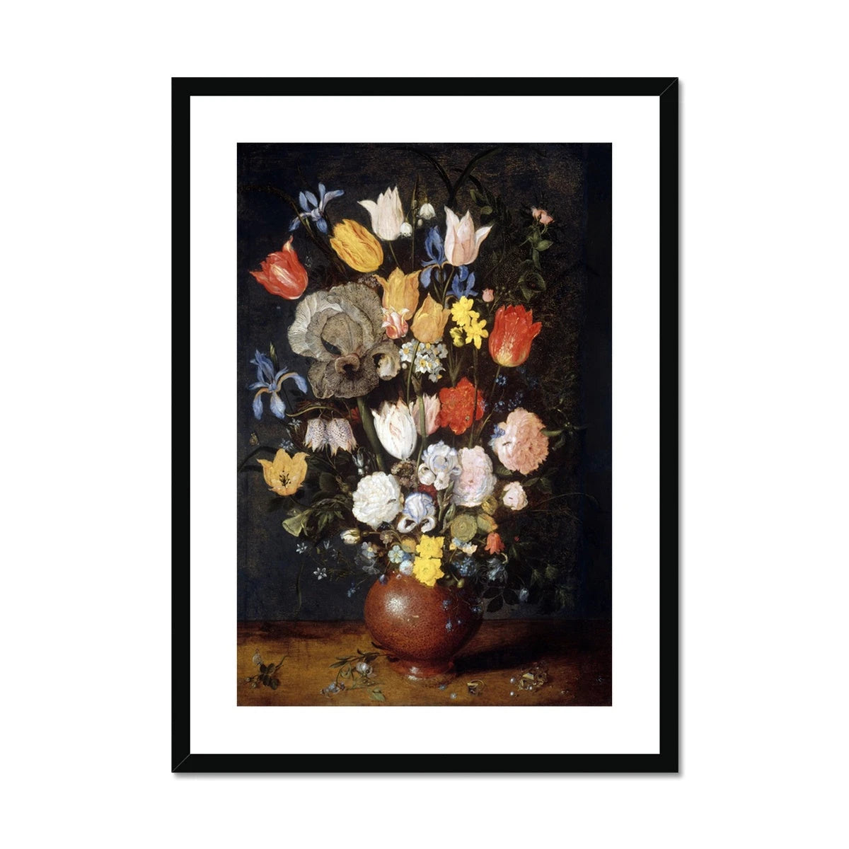 'Bouquet of Flowers in an Earthenware Vase'. Garden Flowers. Still Life by Jan Breughel the Elder. Framed Open Edition Fine Art Print. Historic Art Jan Breughel the Elder