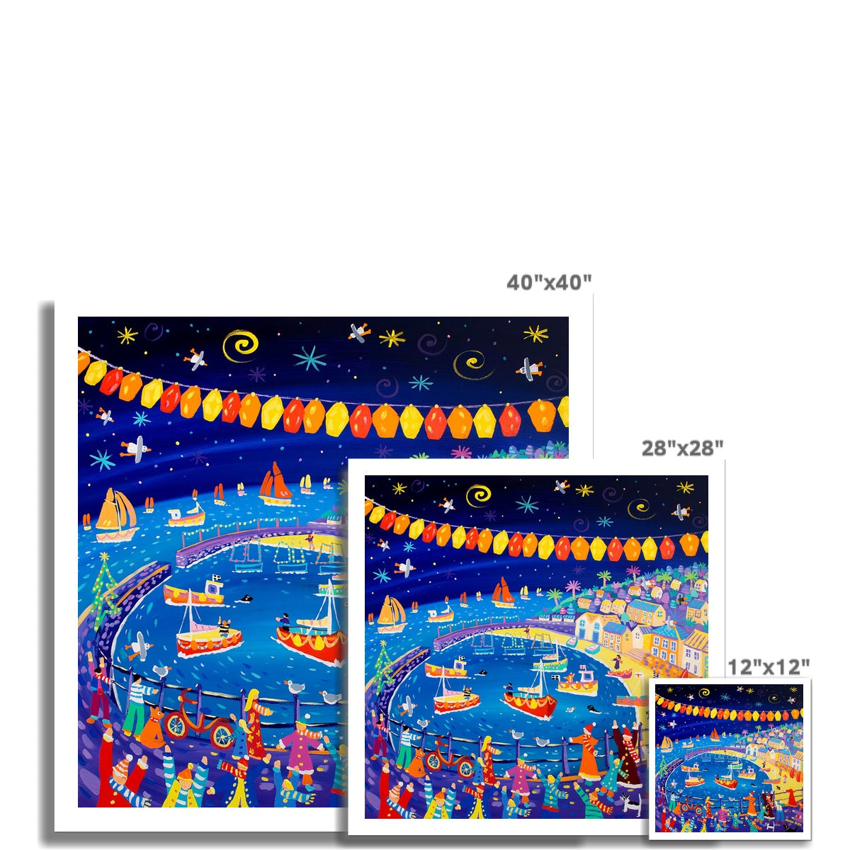 John Dyer Fine Art Print. Open Edition Cornish Art Print. 'Christmas Lights, Mousehole'. Cornwall Art Gallery