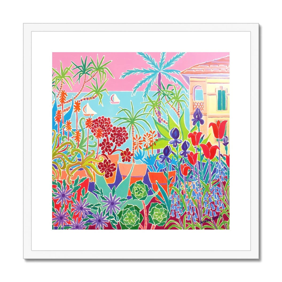 Joanne Short Framed Open Edition Cornish Fine Art Print. 'Patchwork Flowers and Pink Sky, Menton Garden'. French Art Gallery Joanne Short