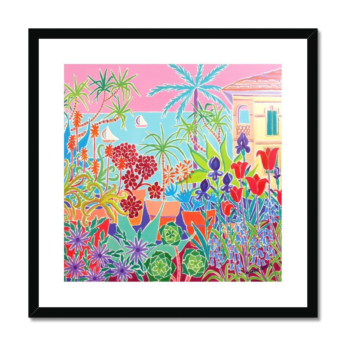 Joanne Short Framed Open Edition Cornish Fine Art Print. 'Patchwork Flowers and Pink Sky, Menton'. French Art Gallery