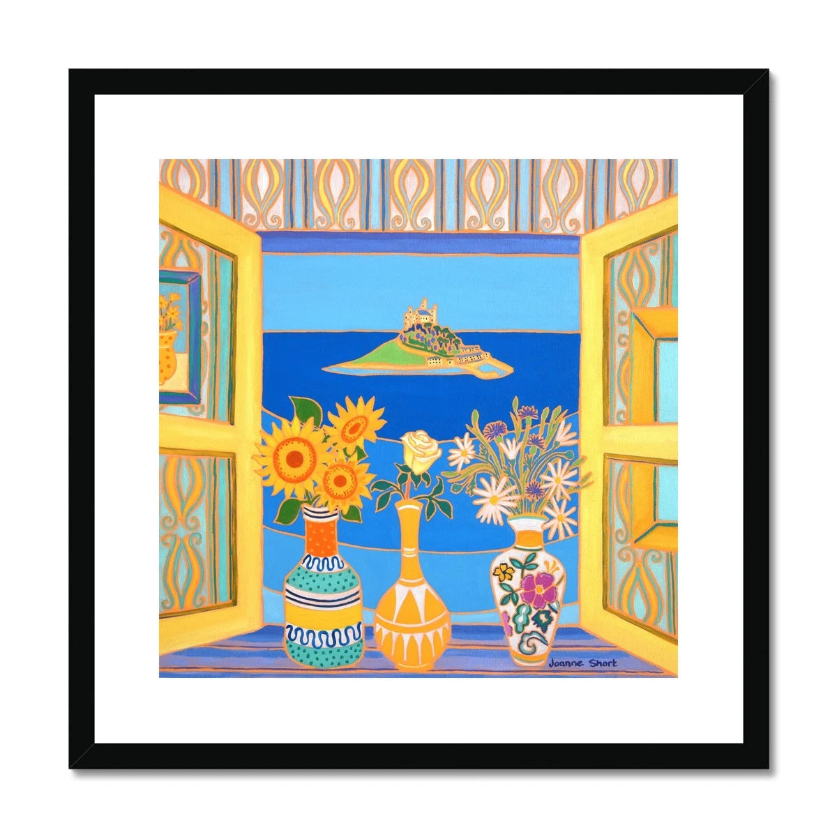Joanne Short Framed Open Edition Still Life Coastal Cornish Fine Art Print. 'Summer Blooms, St Michael's Mount'. Cornwall Art Gallery Joanne Short