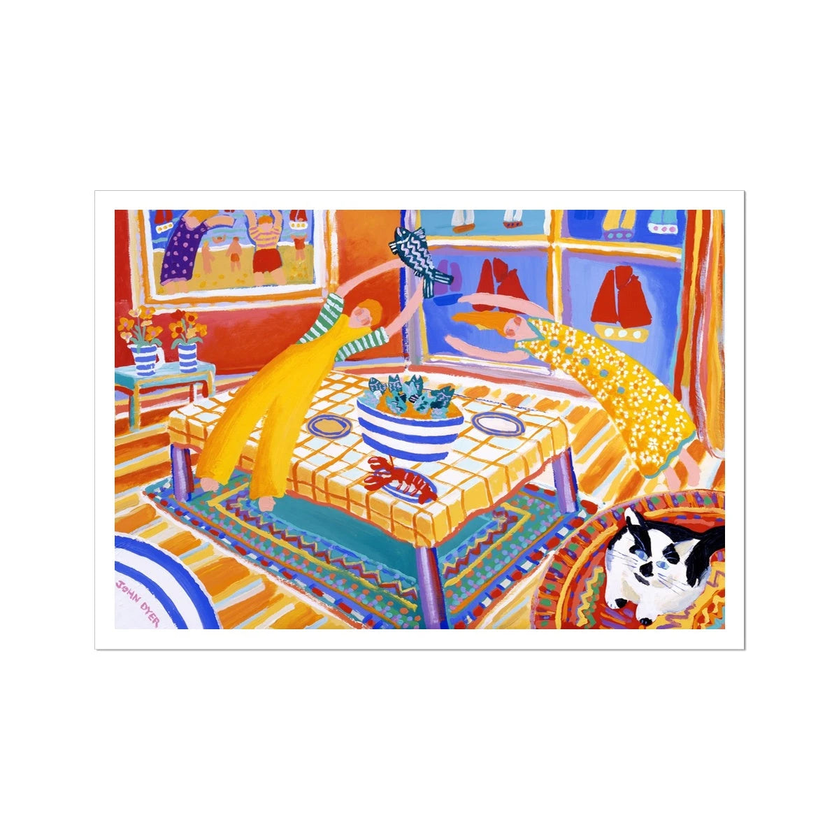 John Dyer Fine Art Print. Open Edition Cornish Art Print. 'Cat on a Kashmir' Still Life with Stargazy Pie. Cornwall Art Gallery John Dyer