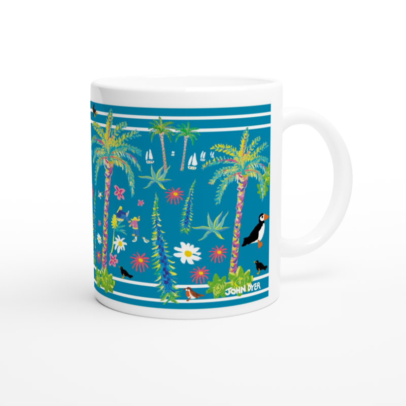 Cornwall Tresco art mug by Cornish artist John Dyer. Tresco Abbey Gardens, puffins, palms, boats and more.