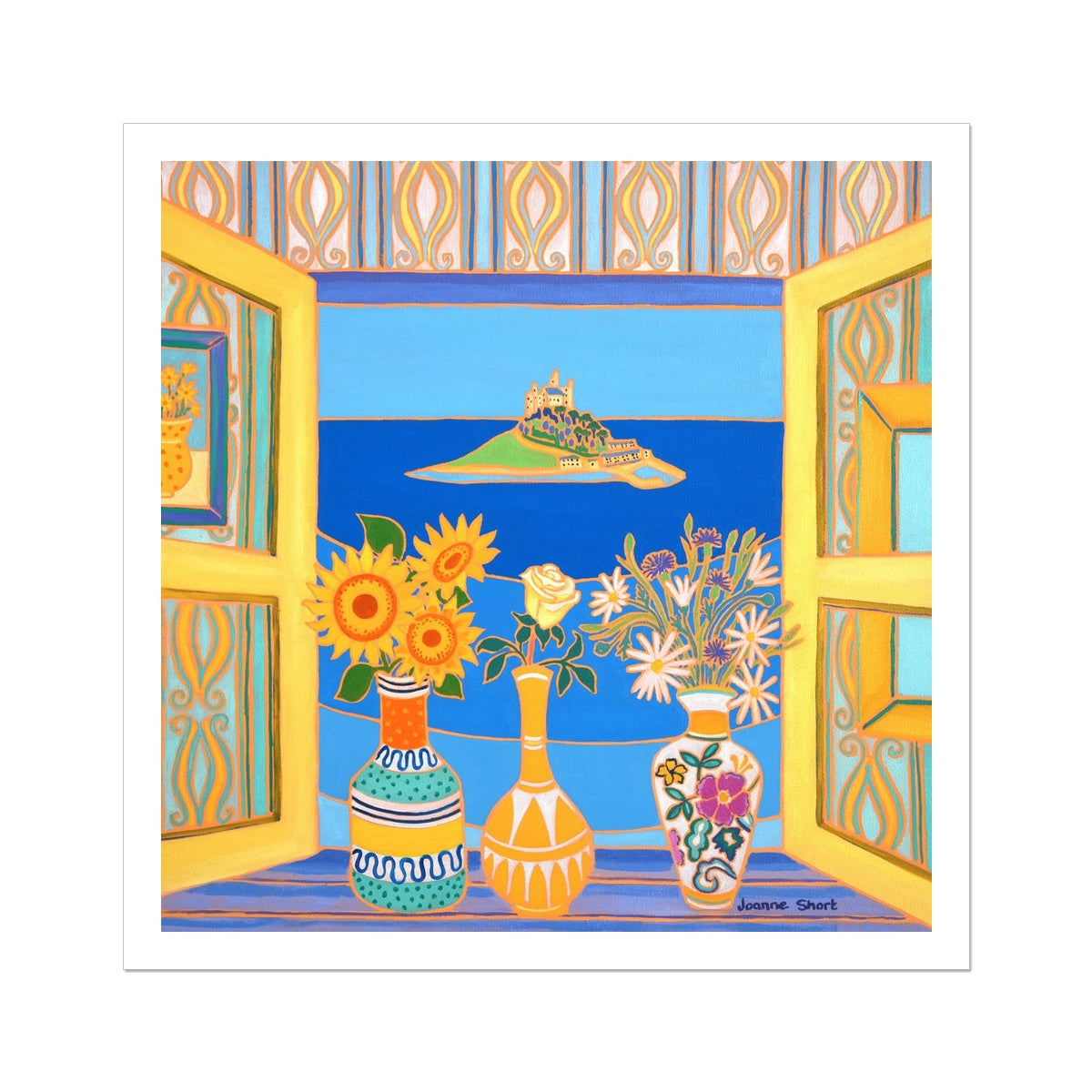 Joanne Short Fine Art Open Edition Coastal Garden Cornish Art Print 'Summer Blooms, St Michael's Mount'. Cornwall Art Gallery