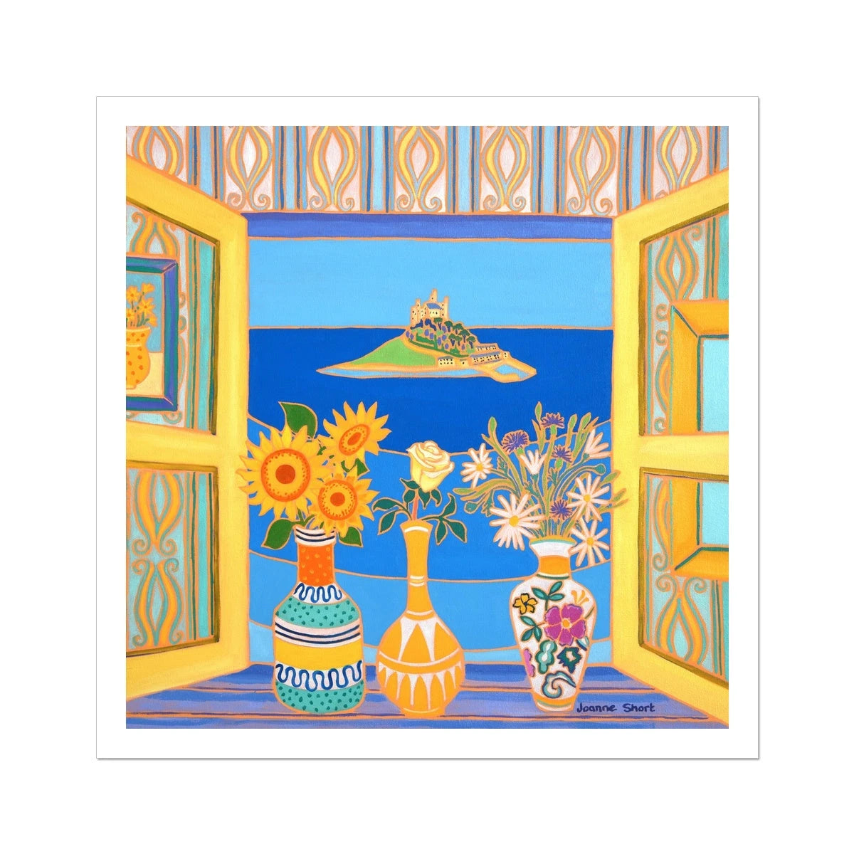 Joanne Short Fine Art Open Edition Coastal Garden Cornish Art Print 'Summer Blooms, St Michael's Mount'. Cornwall Art Gallery Joanne Short