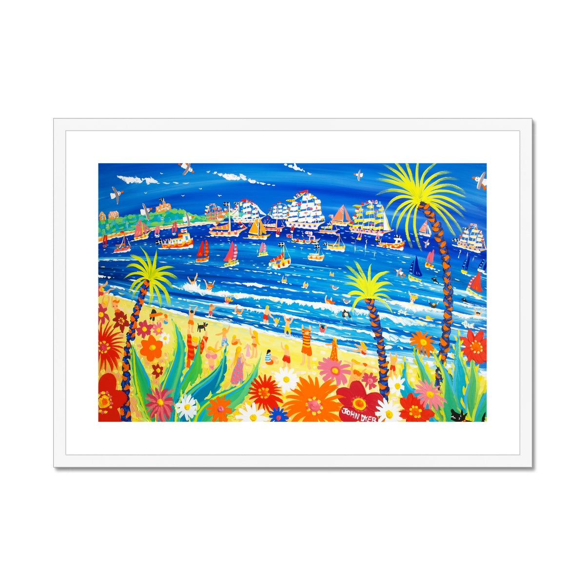 John Dyer Framed Open Edition Cornish Art Print. 'Race Day, Tall Ships, Gyllyngvase Beach, Falmouth'. Cornwall Art Gallery