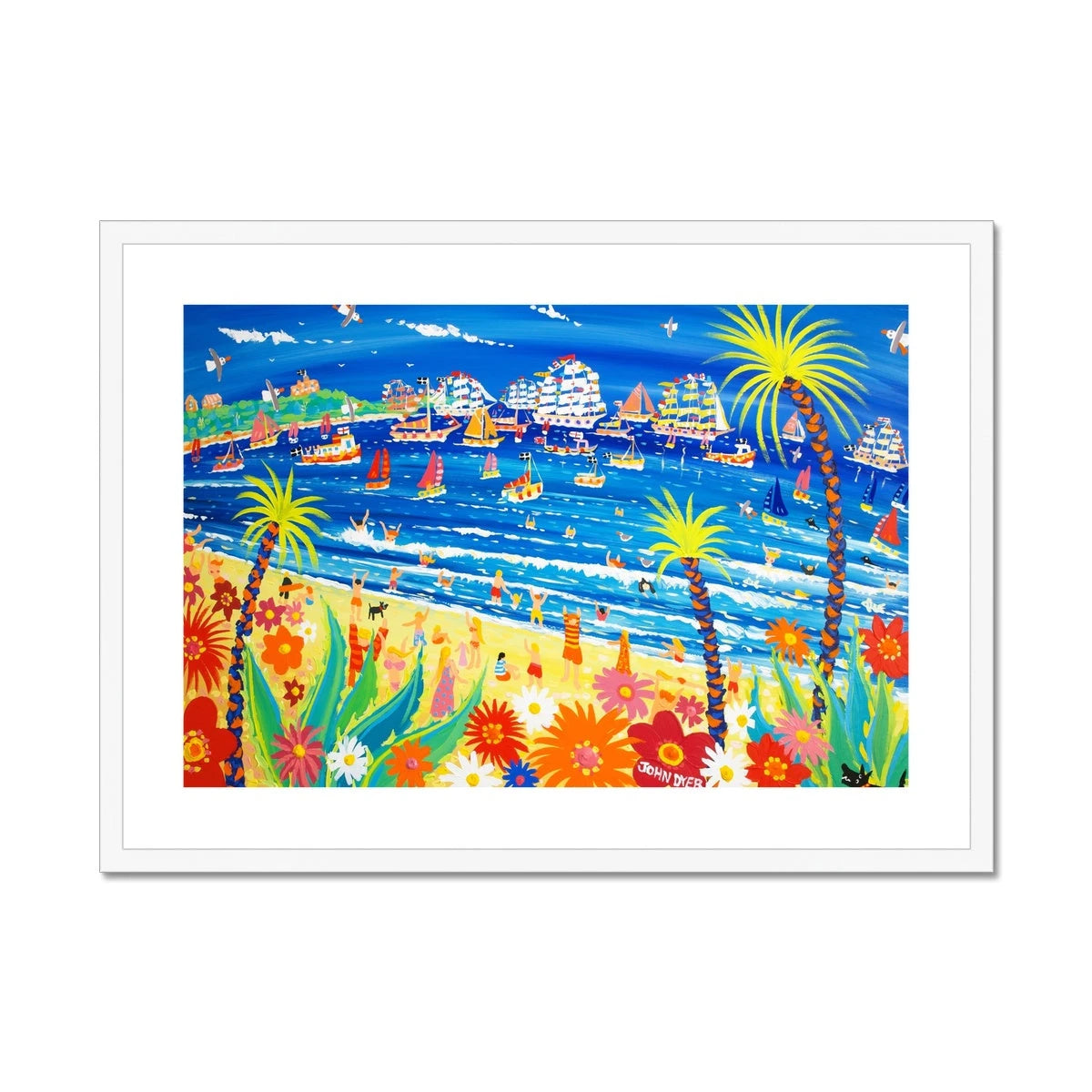 John Dyer Framed Open Edition Cornish Art Print. 'Race Day, Tall Ships, Gyllyngvase Beach, Falmouth'. Cornwall Art Gallery John Dyer