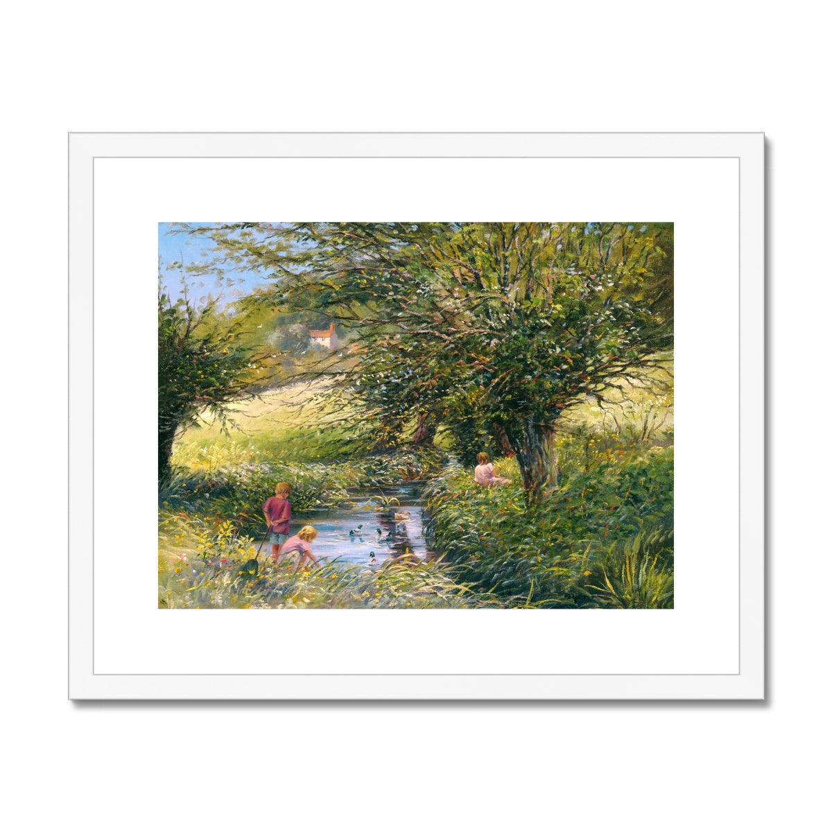Ted Dyer Framed Open Edition Cornish Fine Art Print. 'Fishing in the Duck Pond'. Cornwall Art Gallery