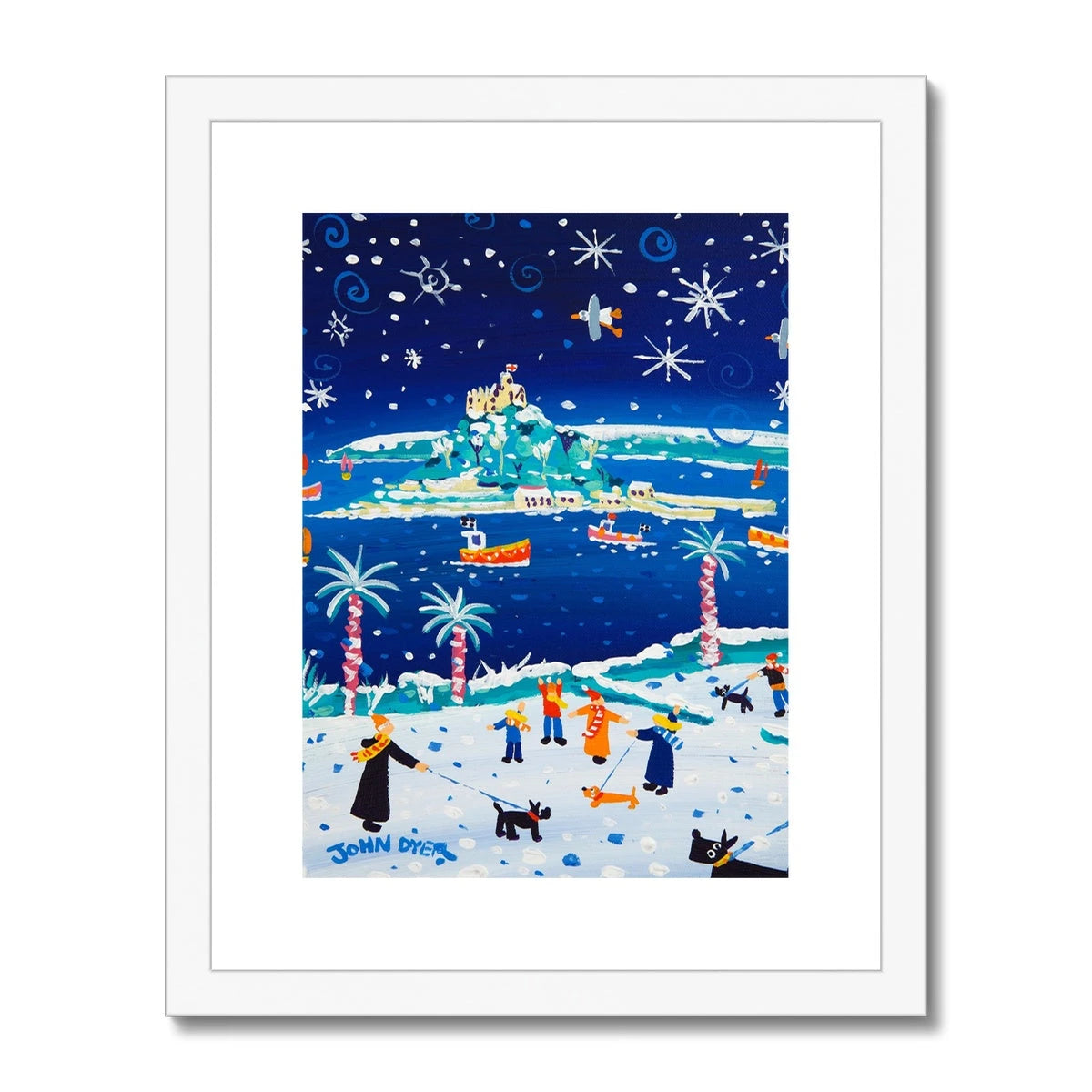 John Dyer Framed & Mounted Open Edition Cornish Art Print. 'Snowy Walkies, St Michael's Mount'. Cornwall Art Gallery John Dyer