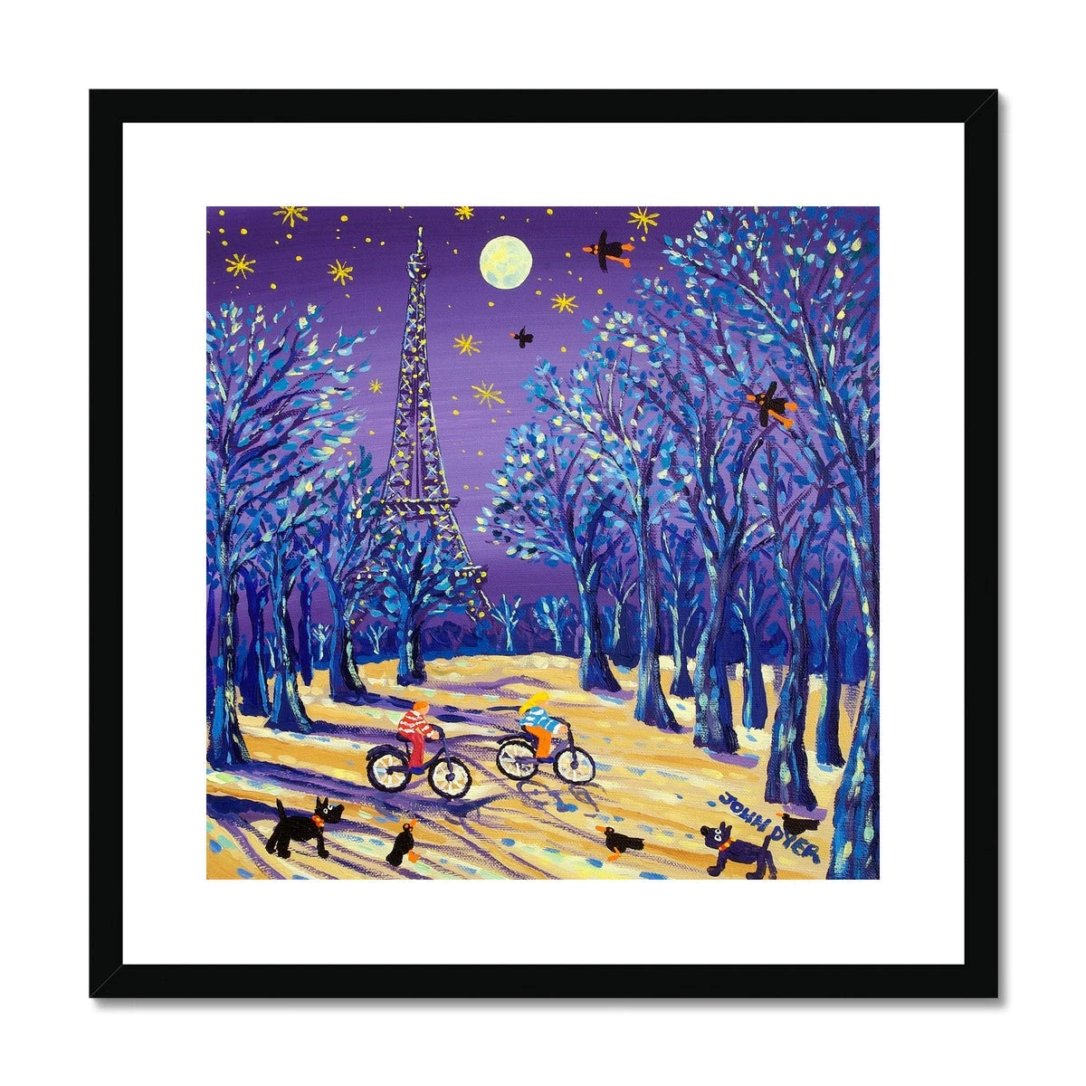 John Dyer Framed Open Edition French Art Print 'Cycling under the Moon, Eiffel Tower, Paris, France' French Art Gallery John Dyer
