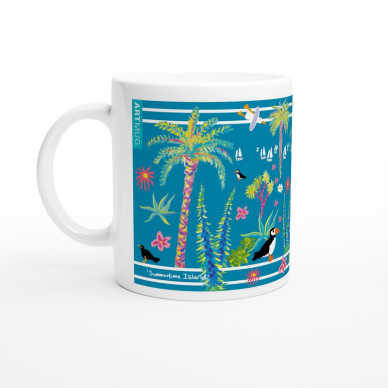 Cornwall Tresco art mug by Cornish artist John Dyer. Tresco Abbey Gardens, puffins, palms, boats and more.