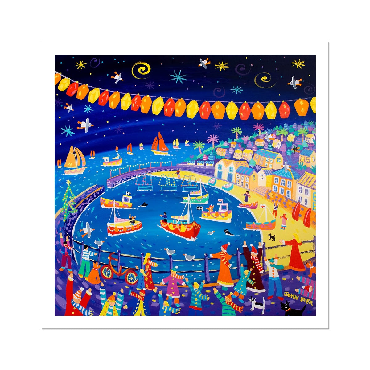 John Dyer Fine Art Print. Open Edition Cornish Art Print. 'Christmas Lights, Mousehole'. Cornwall Art Gallery