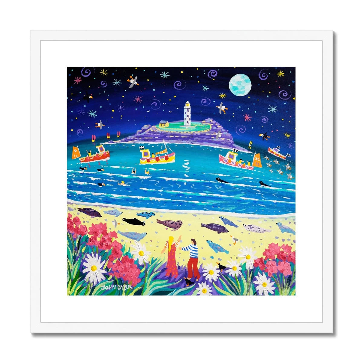 John Dyer Framed Open Edition Cornish Fine Art Beach Print. 'Snoozing Seals under the Moon, Godrevy Lighthouse'. Cornwall Art Gallery John Dyer