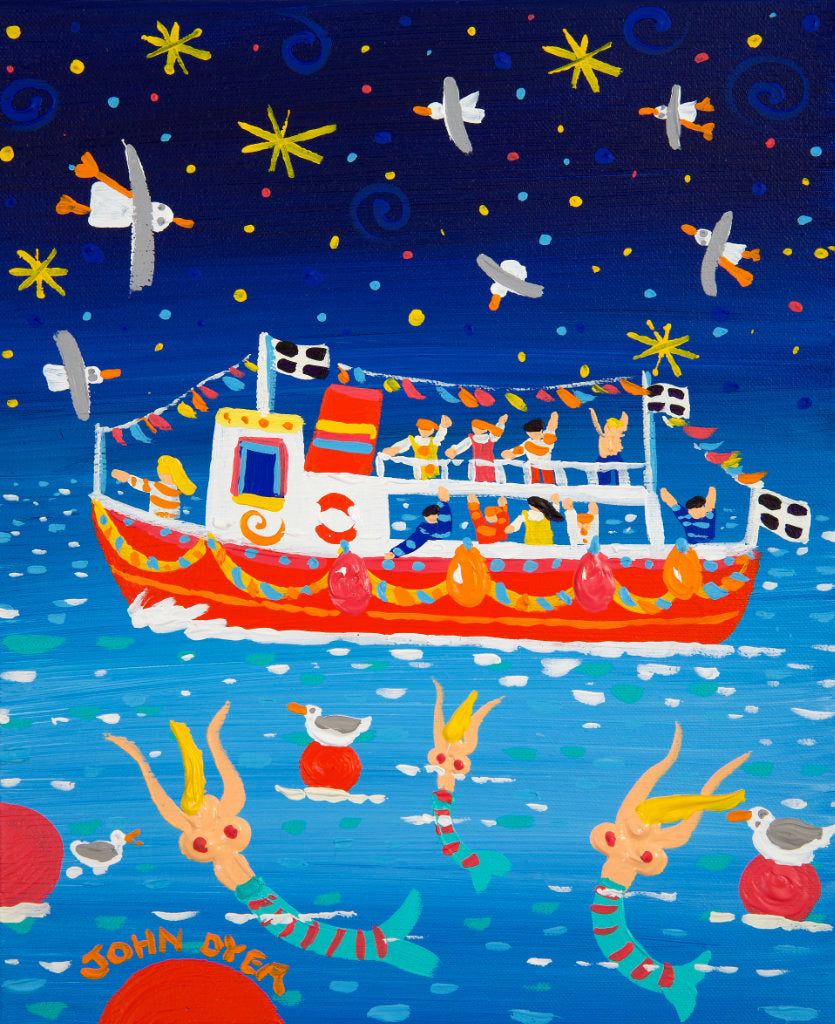 This original painting by John Dyer captures the essence of Cornish summer fun. A ferry full of happy passengers passes by as colourful mermaids join in the party. Seagulls swoop and dance to the music and Cornish flags fly proudly. This painting is a burst of colour and laughter, a festival of fun for all to enjoy.