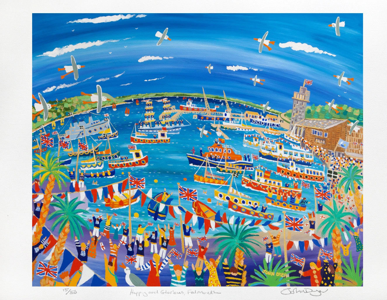 Limited Edition Print by Cornish Artist John Dyer. 'Happy and Glorious, Falmouth'. Queen's Golden Jubilee Falmouth. Cornwall Art Gallery print John Dyer