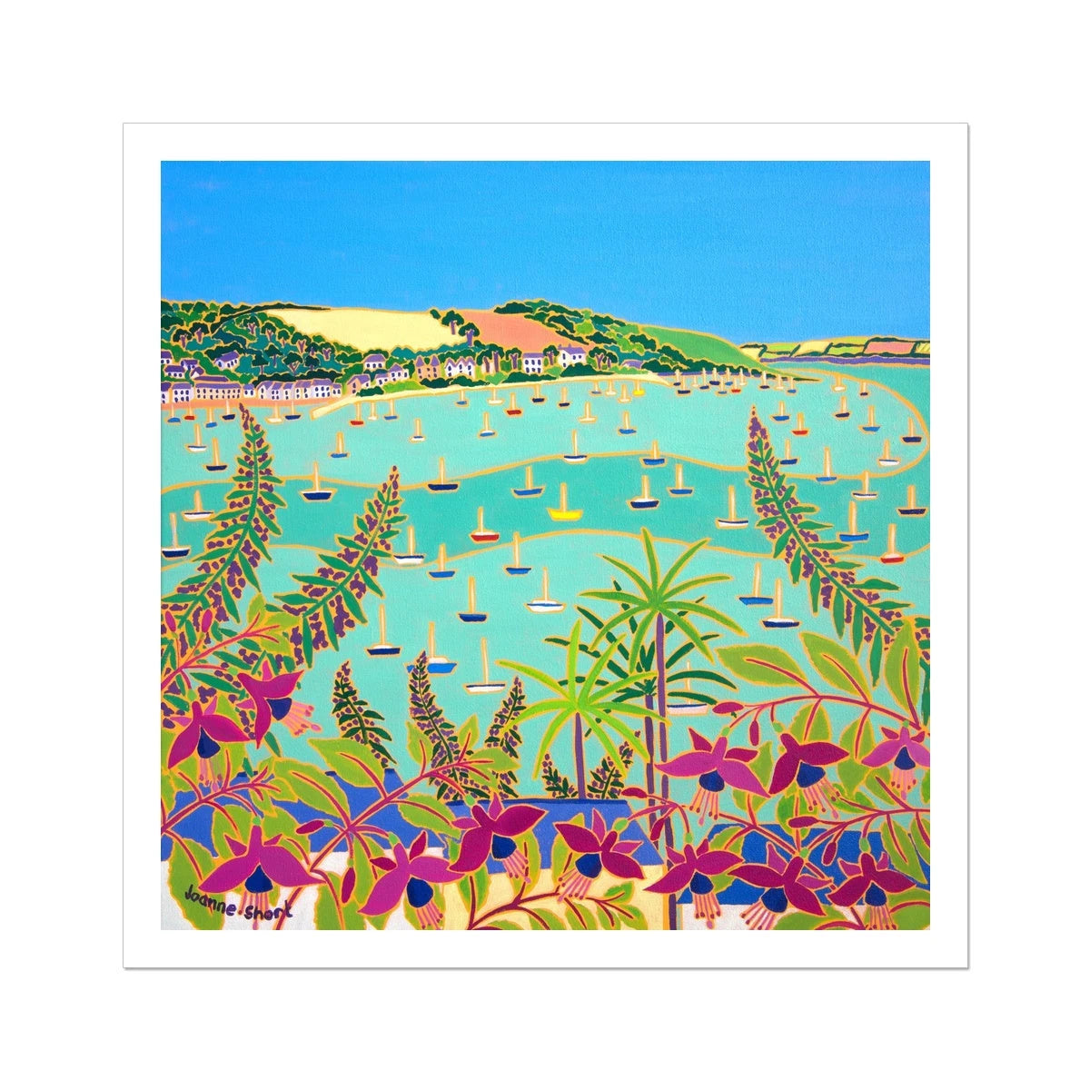 Joanne Short Fine Art Open Edition Cornish Art Print. 'View through Summer Flowers to Trefusis Point, Falmouth'. Cornwall Art Gallery Joanne Short