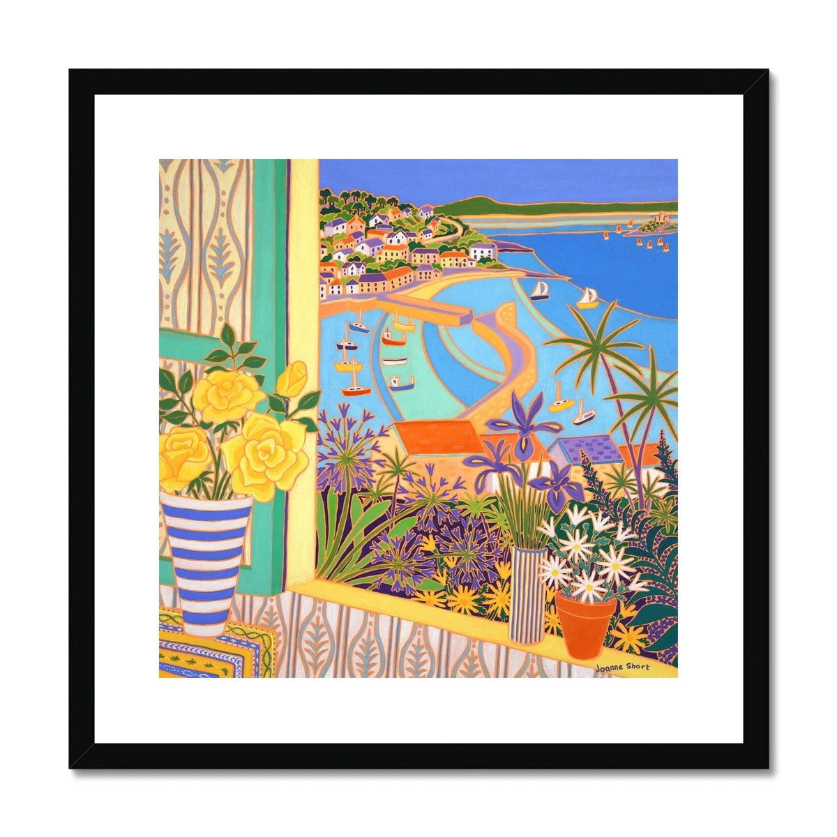 Joanne Short Framed Open Edition Coastal Cornish Still Life Fine Art Print. 'Roses in the Window, Mousehole'. Cornwall Art Gallery Joanne Short