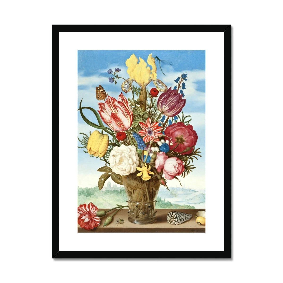 'Bouquet of Flowers on a Ledge'. Garden Flowers. Still Life by Ambrosius Bosschaert. Framed Open Edition Fine Art Print. Historic Art Ambrosius Bosschaert