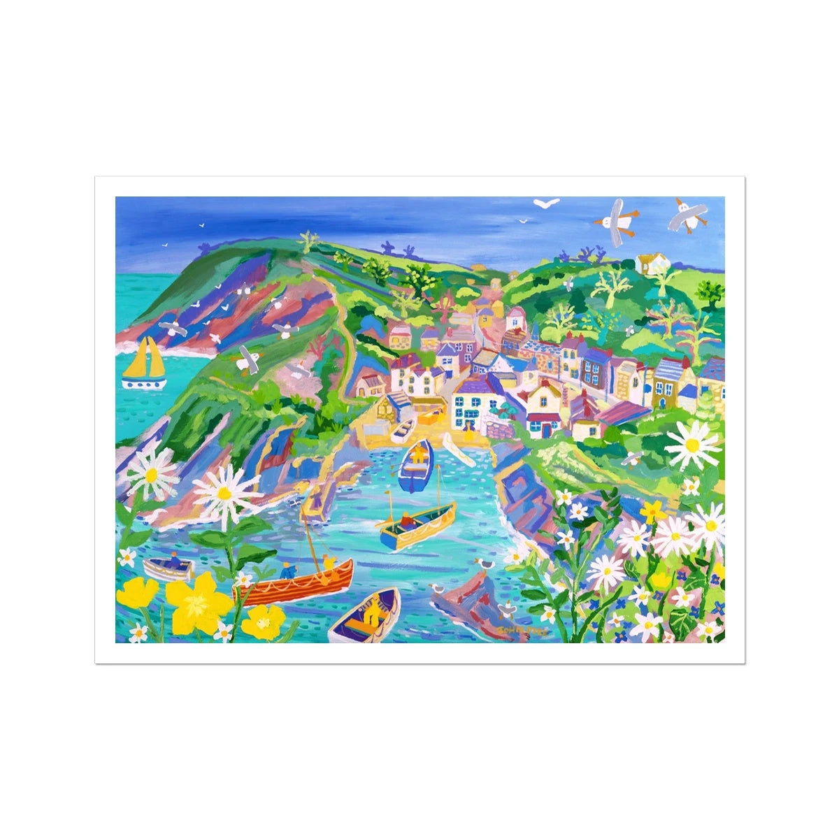 John Dyer Fine Art Print. Open Edition Cornish Art Print. 'Moon Daisies and Fishermen, Port Loe'. Cornwall Art Gallery John Dyer