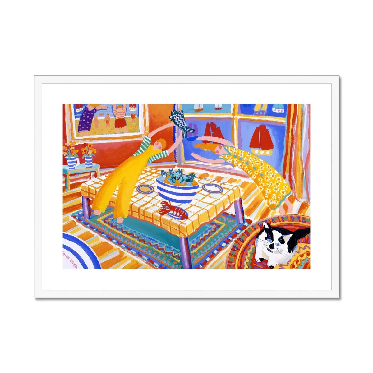 John Dyer Framed Open Edition Cornish Art Print. 'Cat on a Kashmir with Stargazy Pie'. Cornwall Art Gallery John Dyer
