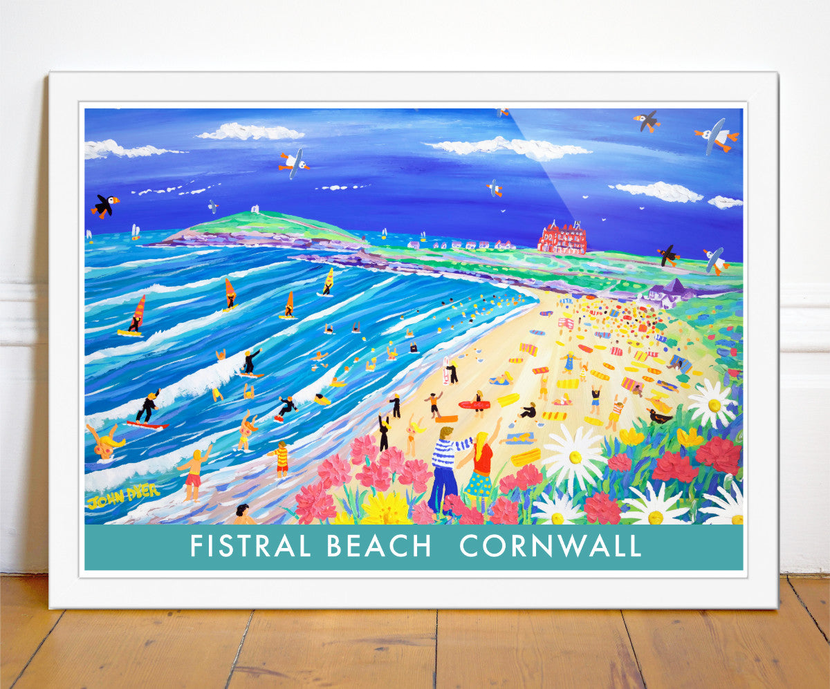 Cornish Art Print of Fistral Beach, Newquay in Cornwall by Cornish Artist John Dyer. Cornwall Art Gallery, Vintage Style Posters