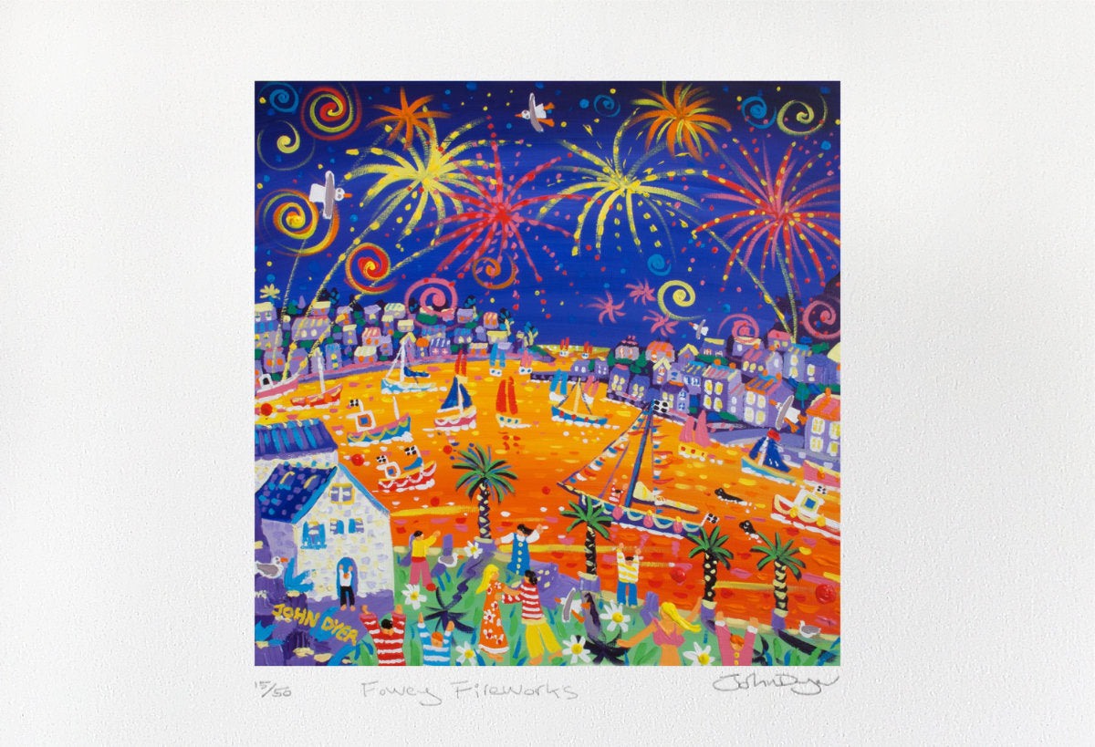 Limited Edition Print by Cornish artist John Dyer. 'Fowey Fireworks'. Cornwall Art Gallery Print