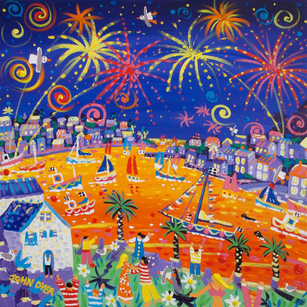 Limited Edition Print by Cornish artist John Dyer. 'Fowey Fireworks'. Cornwall Art Gallery Print