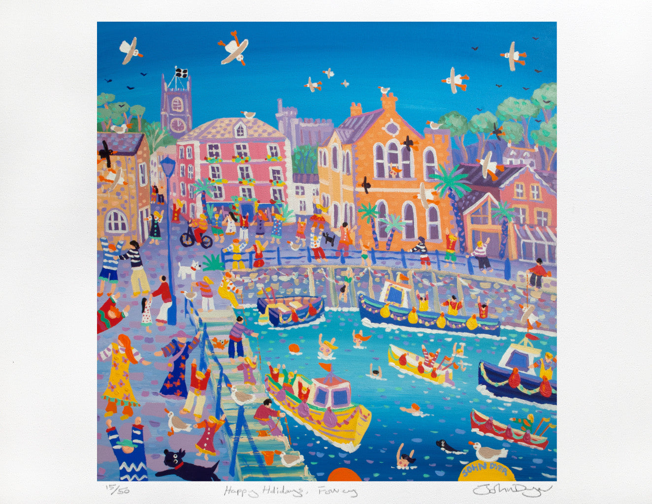Signed Limited Edition Print by Cornish Artist John Dyer. 'Happy Holidays, Fowey'. Cornwall Art Gallery Print