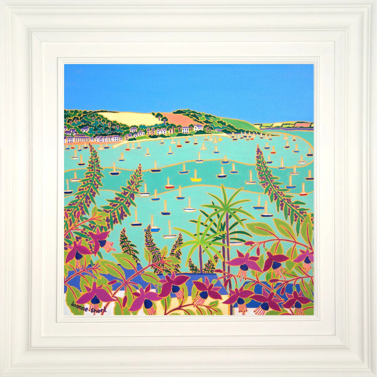 'View through Summer Flowers to Trefusis Point'. 18x18 inches oil on canvas. Paintings of Cornwall. Cornish Artist Joanne Short. Cornwall Art Gallery Joanne Short
