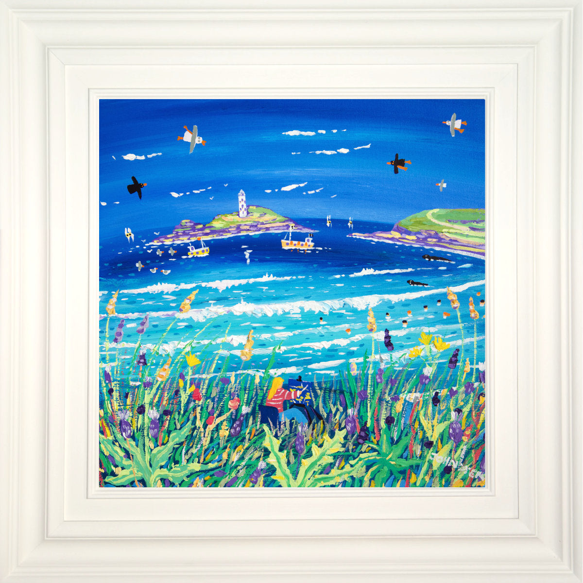 Cornwall Art Gallery Framed Painting by John Dyer. Painting on the Cliffs, Gwithian. 18 x 18 inches, acrylic on canvas