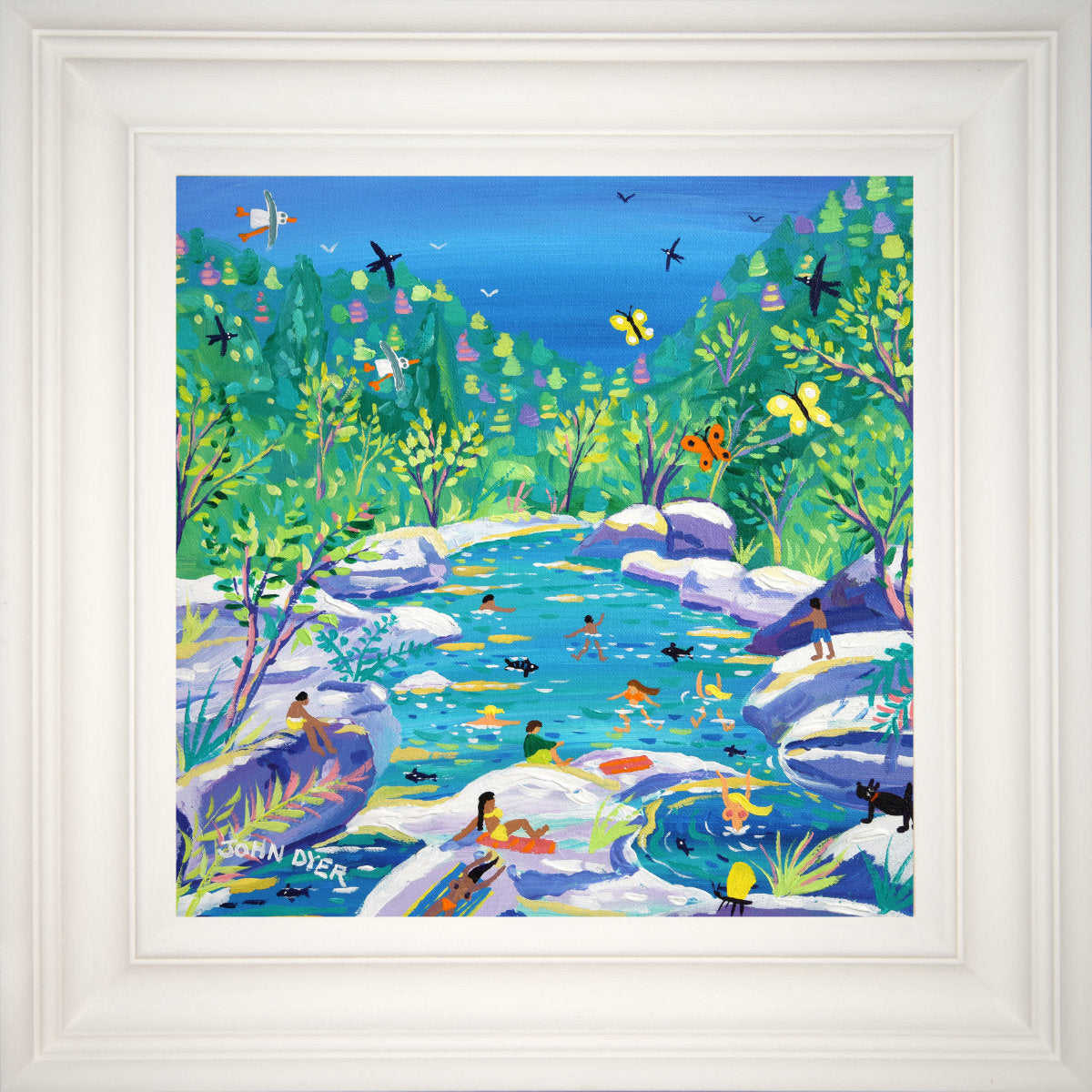 'Swimming in Paradise, Rocchetta Nervina, Rio Barbaira, Italy', 12x12 inches acrylic on canvas. Paintings of France by British Artist John Dyer. Italian Art Gallery