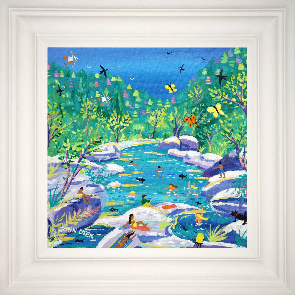 'Swimming in Paradise, Rocchetta Nervina, Rio Barbaira, Italy', 12x12 inches acrylic on canvas. Paintings of Italy by British Artist John Dyer. Italian Art Gallery John Dyer