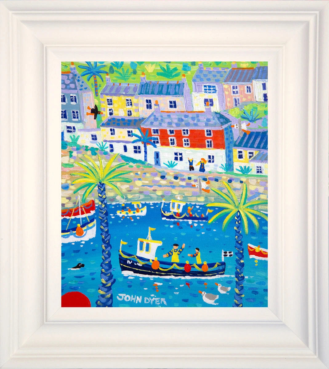 'Waving at the Fishermen, Mevagissey', 12 x 10 inches acrylic on canvas. Cornwall Art Gallery Painting by John Dyer. John Dyer