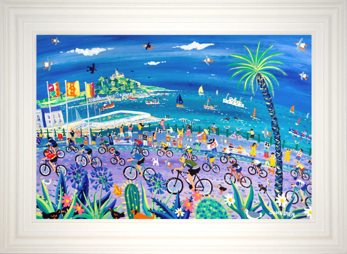 'Peddling Past Penzance, Tour of Britain'.
24 x 36 inches, acrylic on board. Cornwall Art Gallery Painting by John Dyer. John Dyer