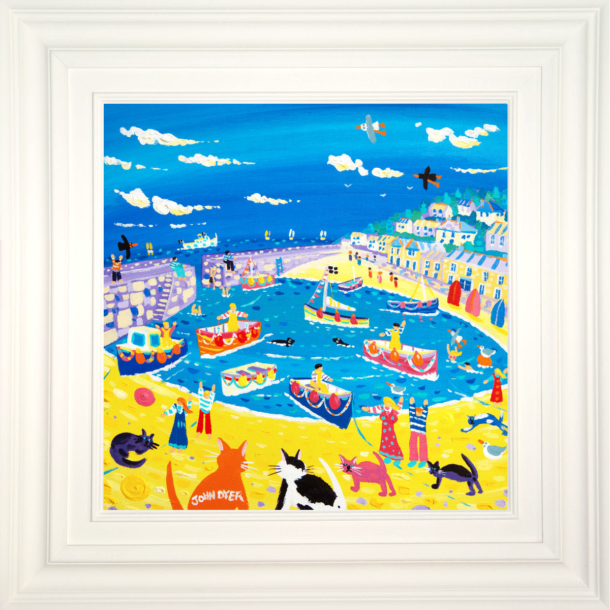 'Mousehole Cats.' 18 x 18 inches, acrylic on canvas. Cornwall Art Gallery Painting by John Dyer.