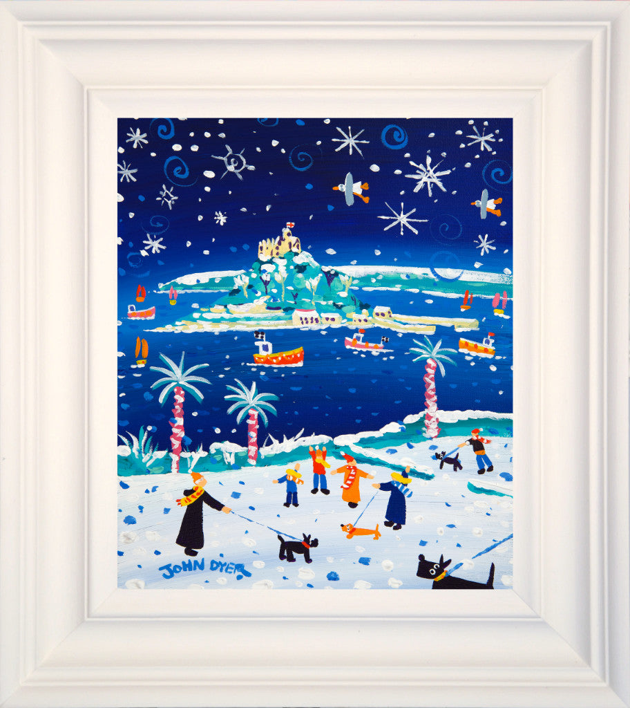 Framed John Dyer painting depicting snow at St Michael's Mount in Cornwall with dog walkers.
