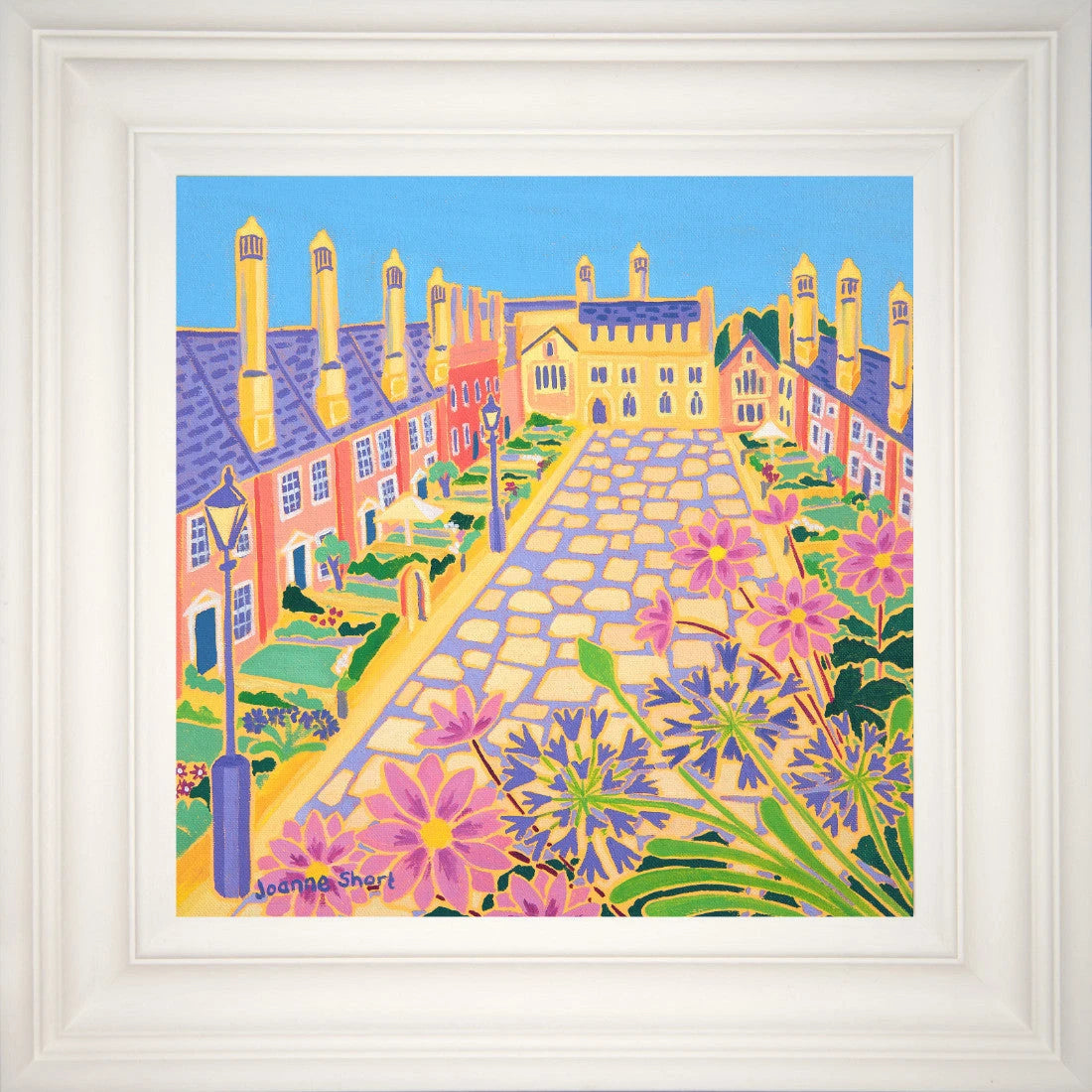 'Summer Flowers, Vicars' Close Garden, Wells'. 12x12 inches original art oil on canvas. Paintings of Somerset by Artist Joanne Short. Somerset Art Gallery Joanne Short