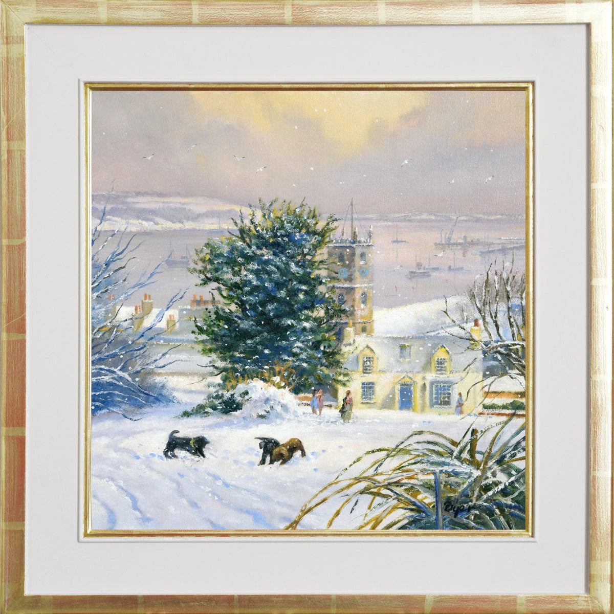 'Playing in the Snow. Falmouth', 14x14 inches original art oil on canvas. Paintings of Cornwall by Cornish Artist Ted Dyer. Cornwall Art Gallery Ted Dyer