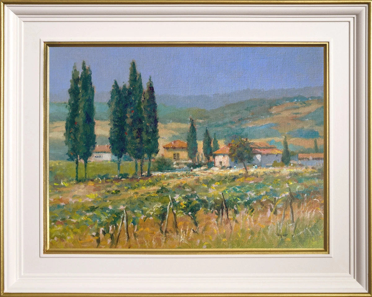 'Tuscan Farm in the Warmth of the Day, Italy', 12x16 inches original art oil on canvas. Paintings of Italy by Artist Ted Dyer. Cornwall Art Gallery Ted Dyer