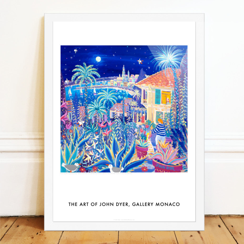 John Dyer Art Poster Print. Gallery Monaco Range. Moonlit Serenade, Clos du Peyronnet Garden, Menton