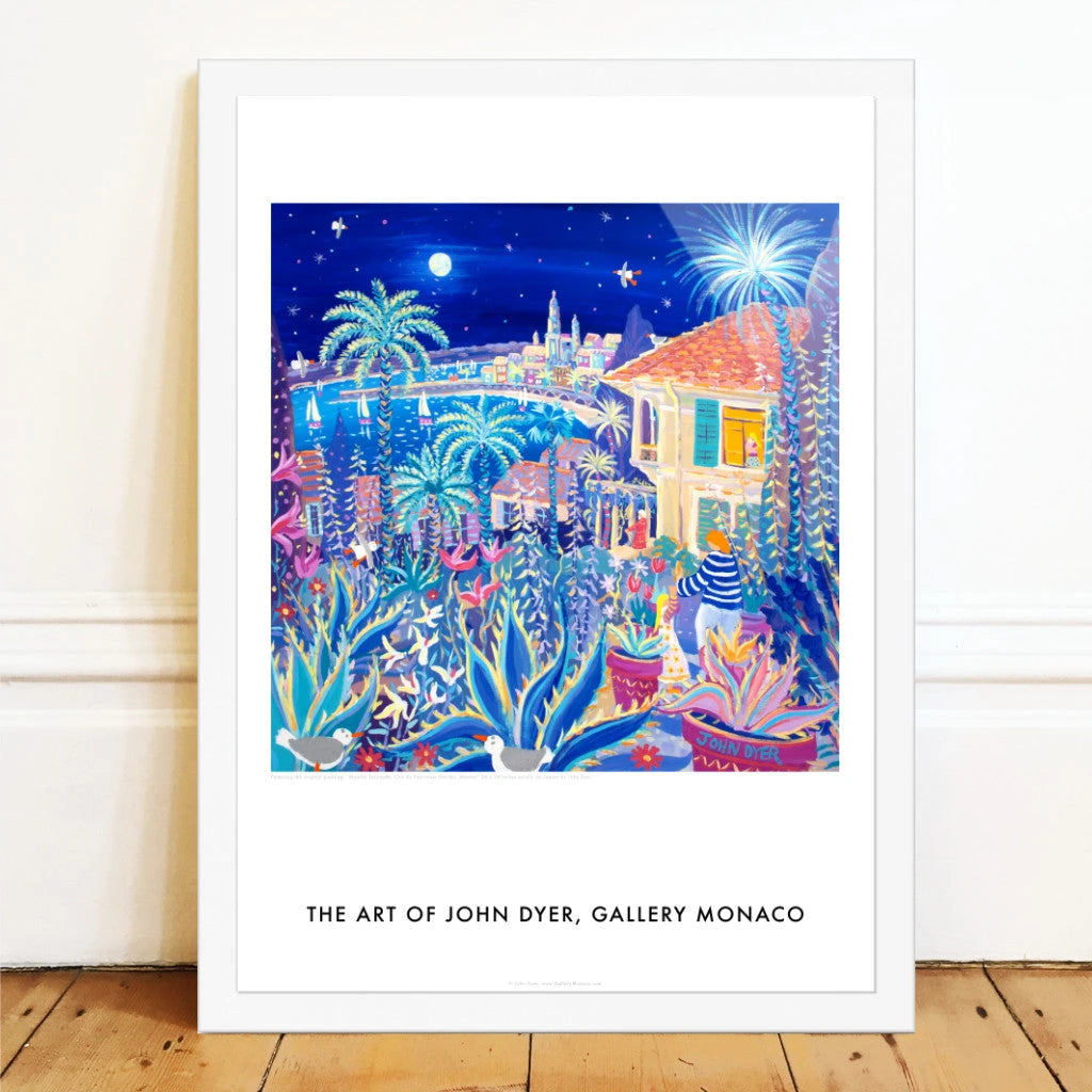 John Dyer Art Poster Print. Gallery Monaco Range. Moonlit Serenade, Clos du Peyronnet Garden, Menton, France John Dyer
