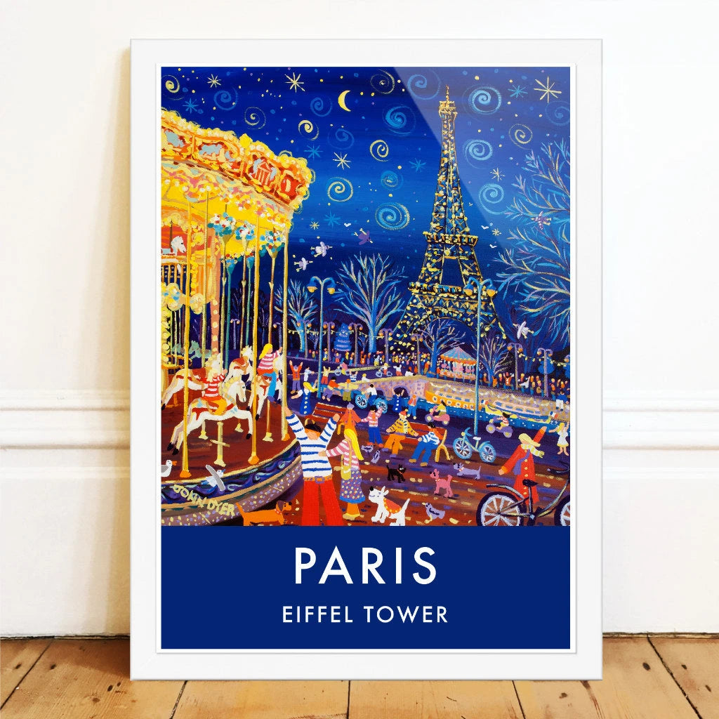 French Print of the Eiffel Tower and Carousel in Paris. Vintage Style Travel Poster Art Print by John Dyer. France Wall Art John Dyer