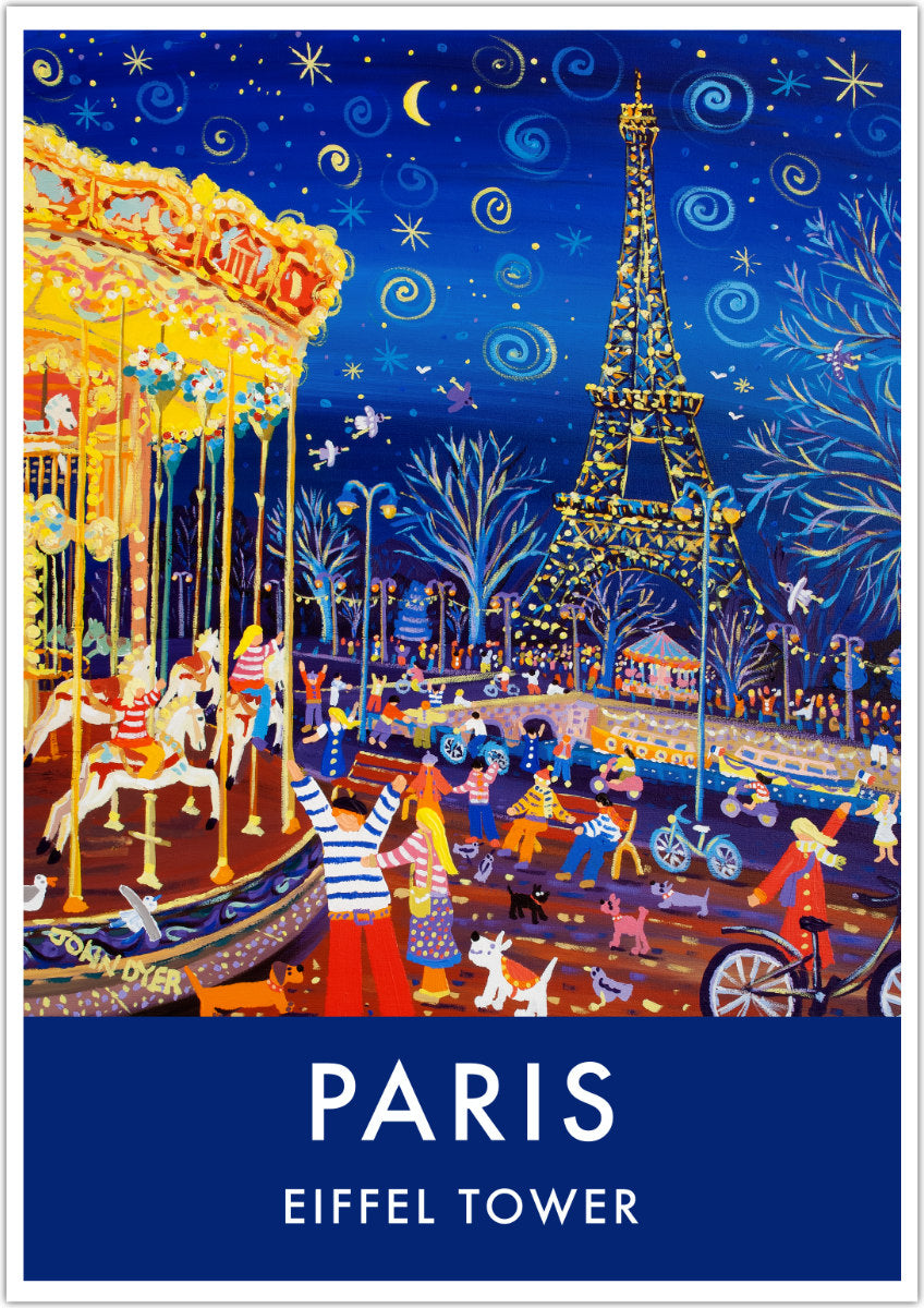 French Print of the Eiffel Tower and Carousel Paris. Vintage Style Travel Poster Art Print by John Dyer. French Wall Art