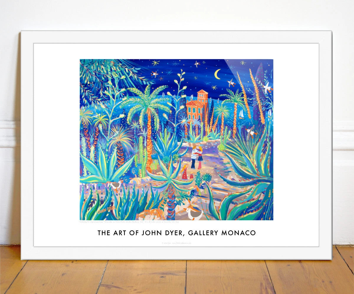 John Dyer Art Poster Print. Gallery Monaco Range. Love under an Italian Moon, Giardini Hanbury Garden, Italy John Dyer