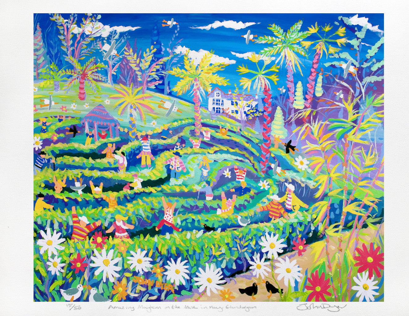 Signed Artist Print. Amazing Mayhem in the Maze in May, Glendurgan Garden by John Dyer.