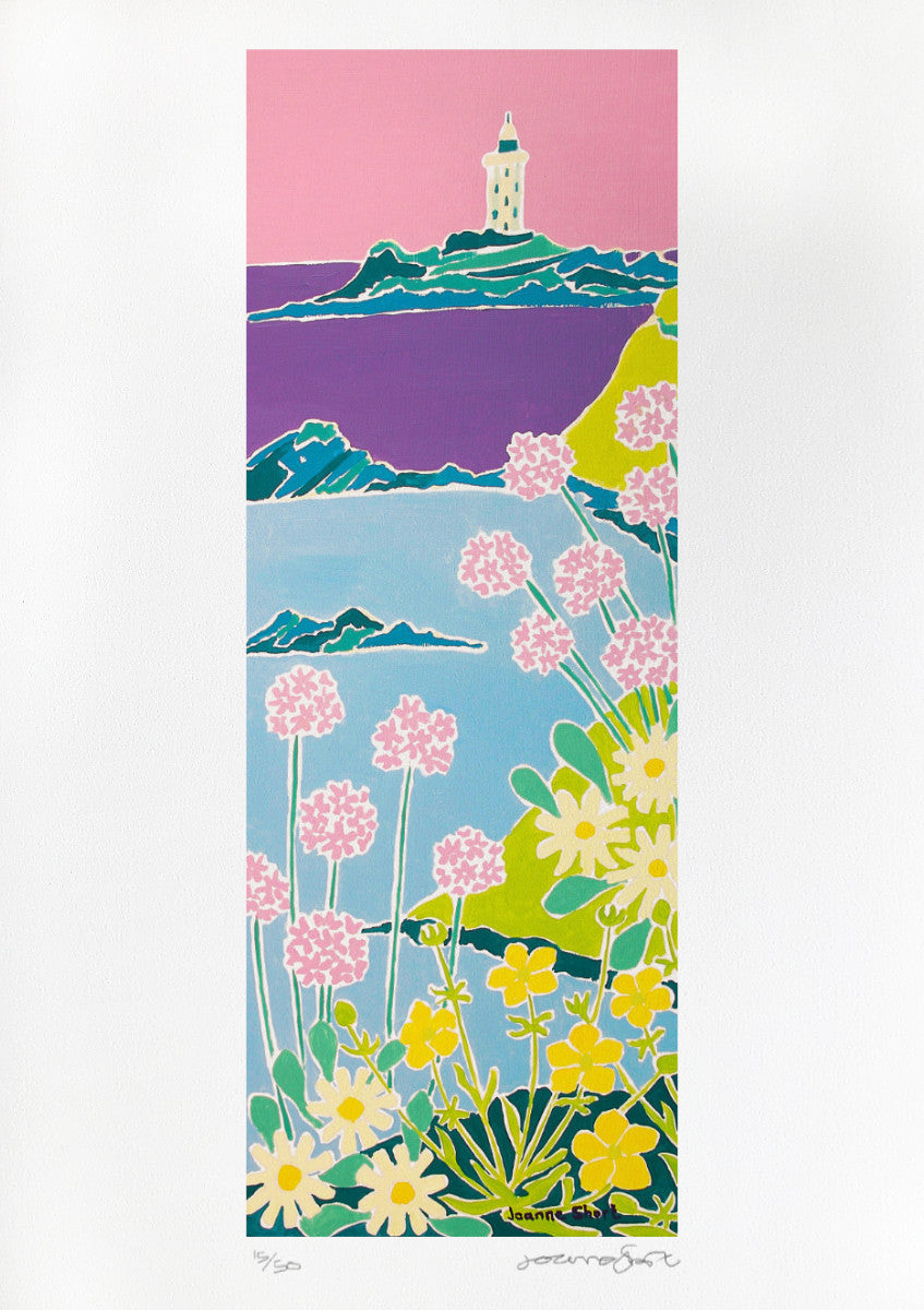 Signed Limited Edition Print by Cornish Artist Joanne Short. 'Sea Pinks and Buttercups, Godrevy Lighthouse'. Cornwall Art Gallery Print