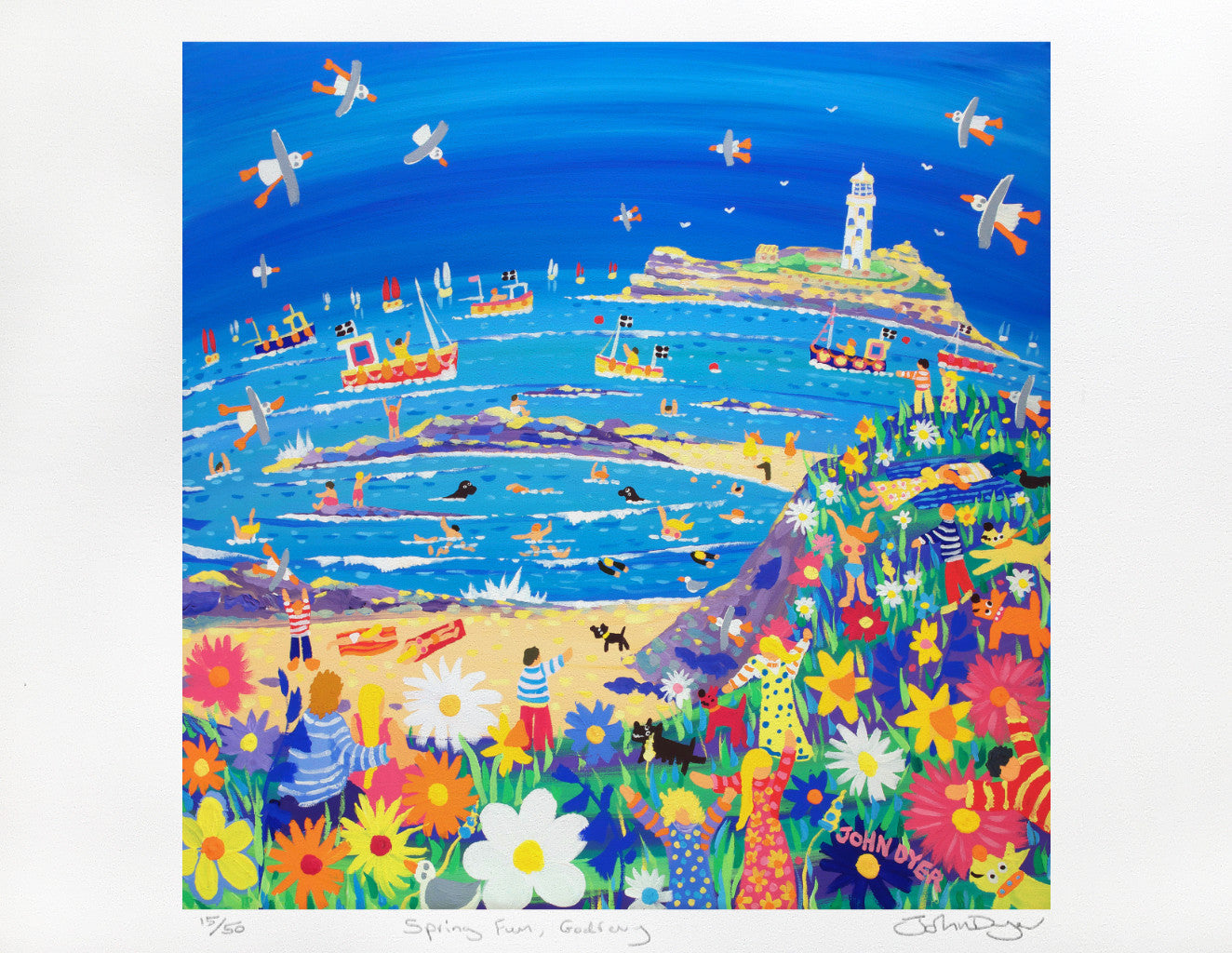 Limited Edition Print by Cornish Artist John Dyer. 'Spring Fun, Godrevy Lighthouse'. Cornwall Art Gallery Print