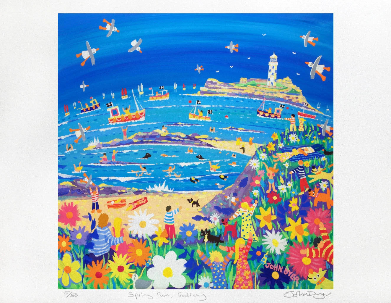 Limited Edition Print by Cornish Artist John Dyer. 'Spring Fun, Godrevy Lighthouse'. Cornwall Art Gallery Print John Dyer