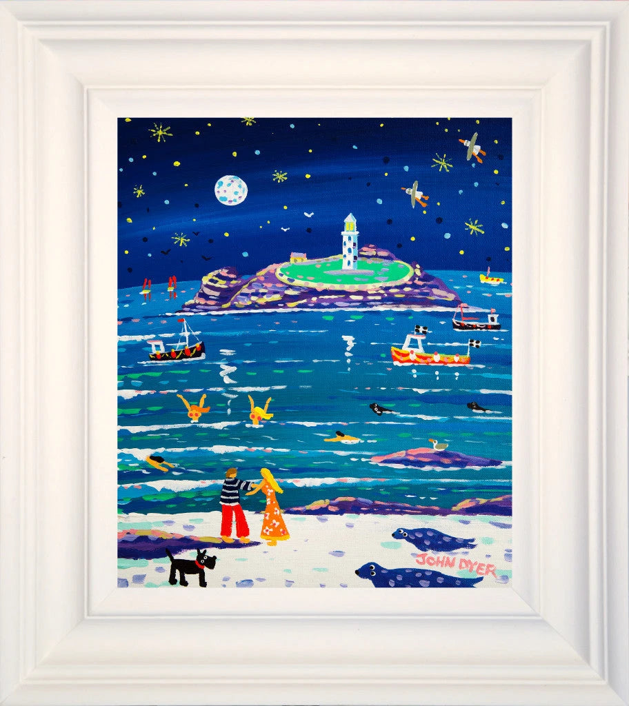 John Dyer Painting. Moonlit Lovers, Godrevy.
12 x 10 inches, acrylic on canvas John Dyer